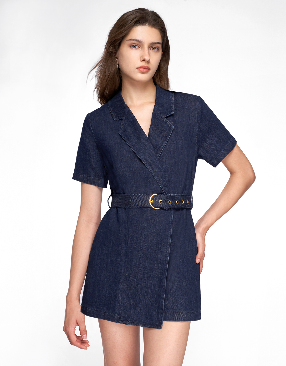 Notch Collar Belted Denim Romper