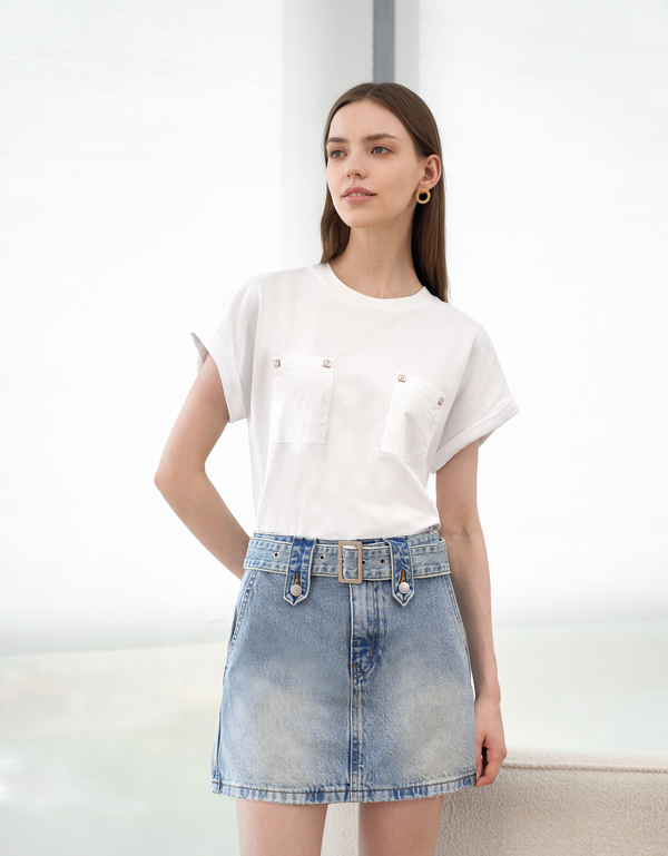 Belted Denim Mini Skirt