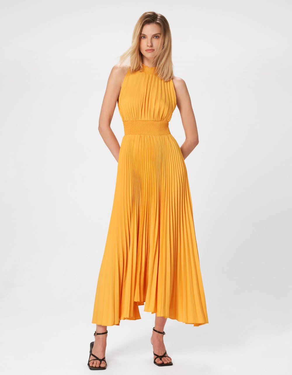 High Neck Smocked Waist Pleated Dress – SaturdayClub Malaysia